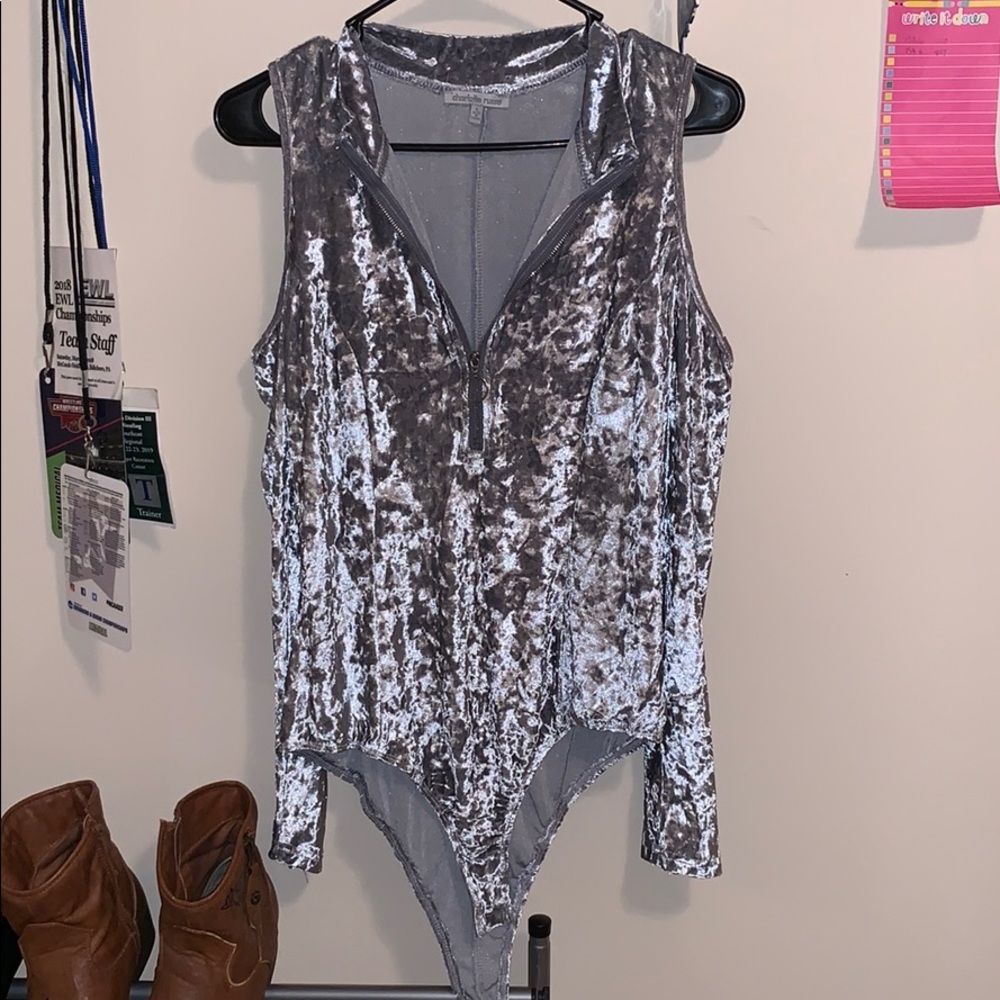 Silver velveteen bodysuit